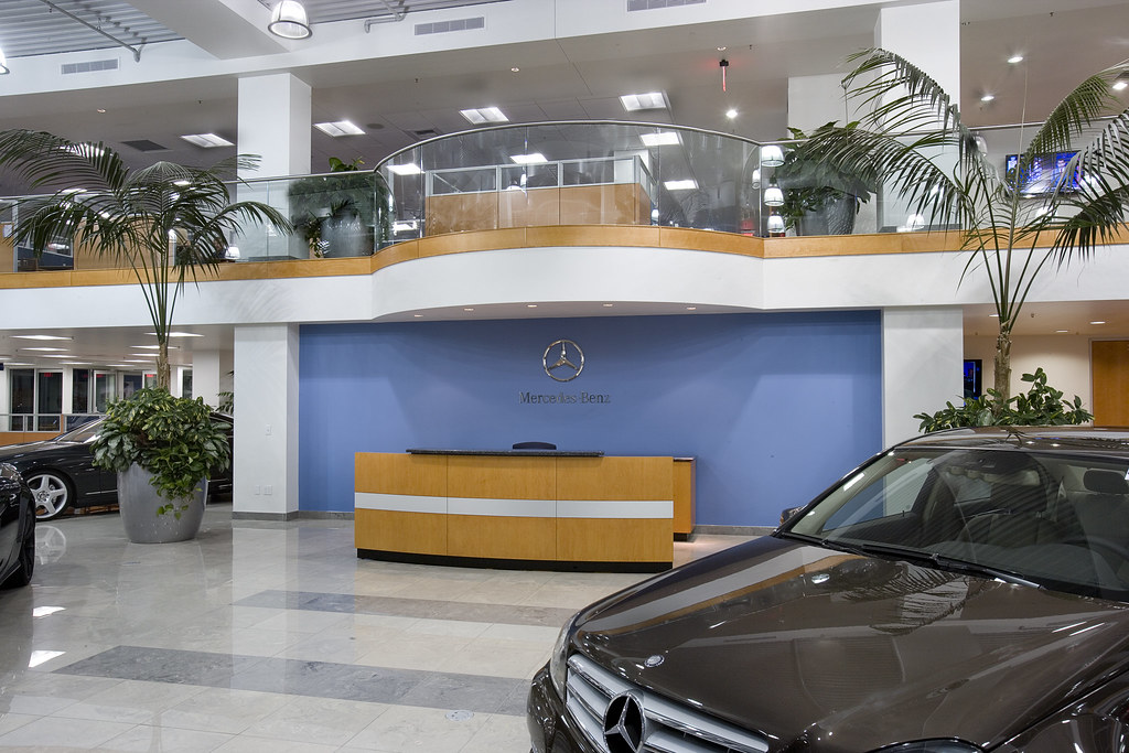 Modern car dealership showroom reception area